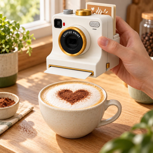 Hand lifting a cream Pic Presso latte art printer from a cappuccino with a dusted cocoa heart