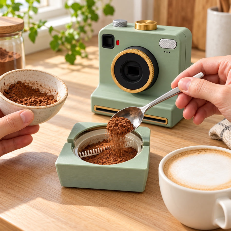 Spooning sifted cocoa powder into the Pic Presso powder chamber