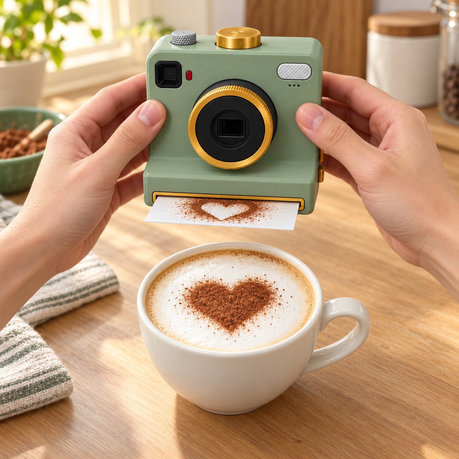 Lifting Pic Presso away to reveal a cocoa heart on cappuccino foam