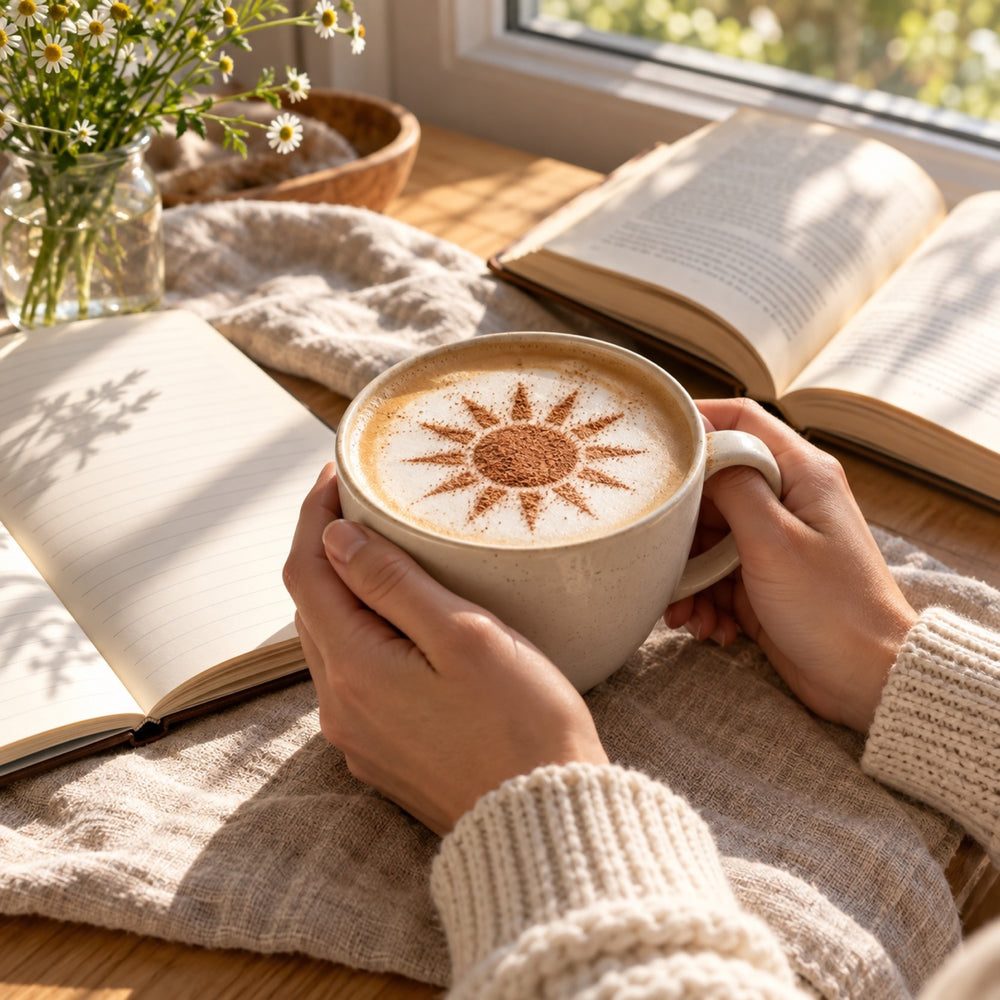 Hands holding a morning latte with a cocoa sun design by a window