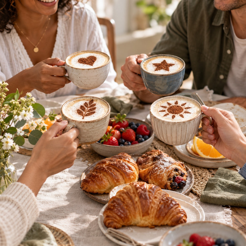 Friends at brunch with cappuccinos topped with different cocoa designs