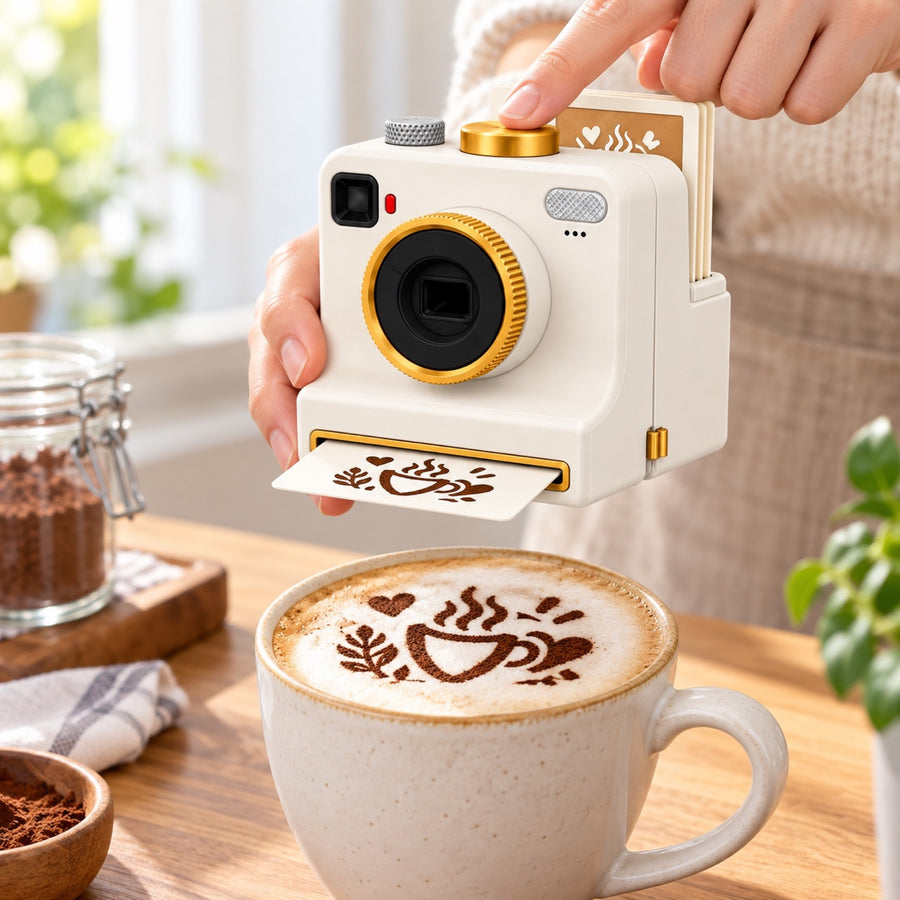 Pressing a cream Pic Presso over a cappuccino with a cocoa design