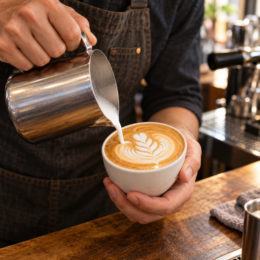 Barista pouring freehand latte art from a steel milk pitcher
