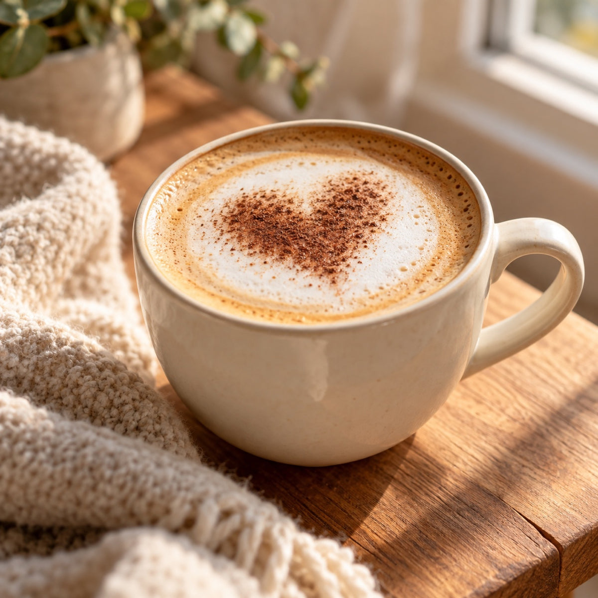 Morning latte with a dusted cocoa heart on the foam