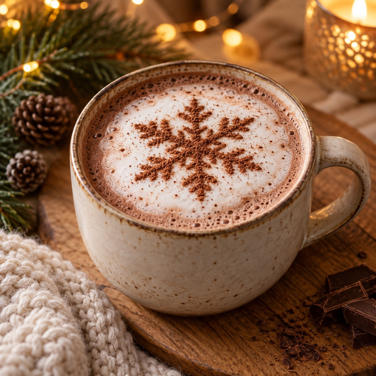 Holiday hot chocolate with a cocoa snowflake design on the foam