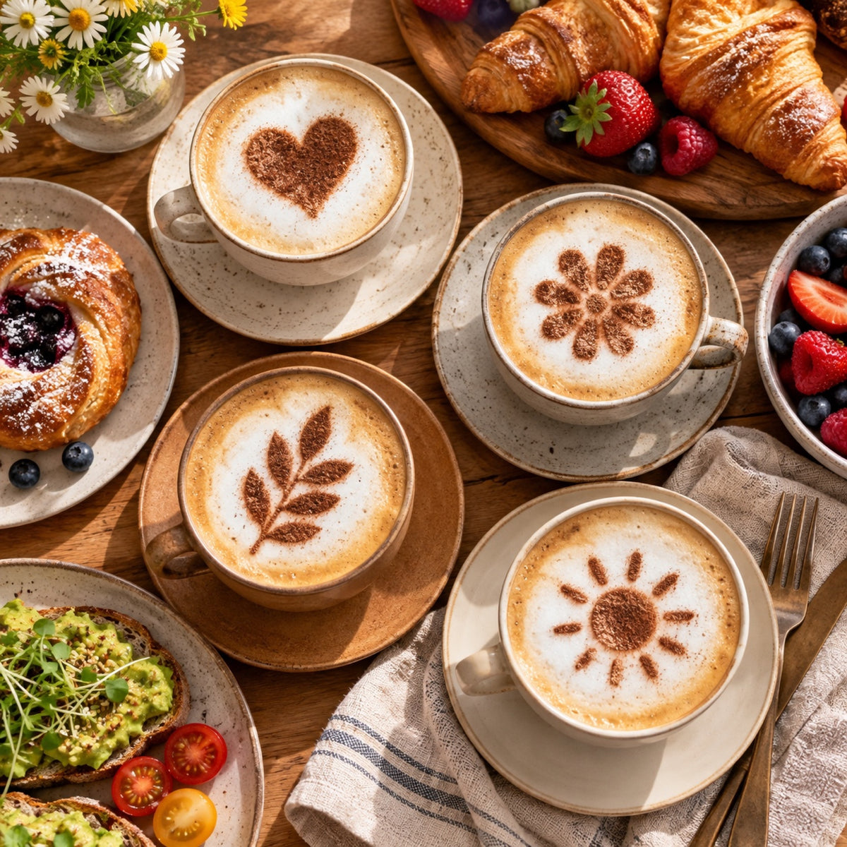 Weekend brunch table with four cappuccinos, each with a different cocoa design