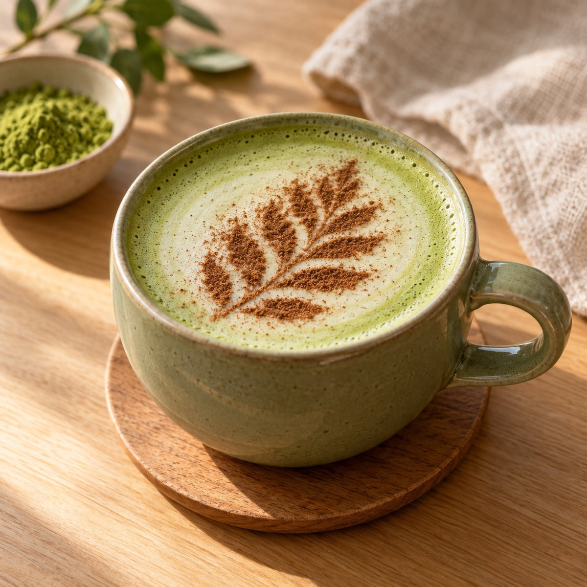 Matcha latte with a cocoa leaf design dusted on the foam