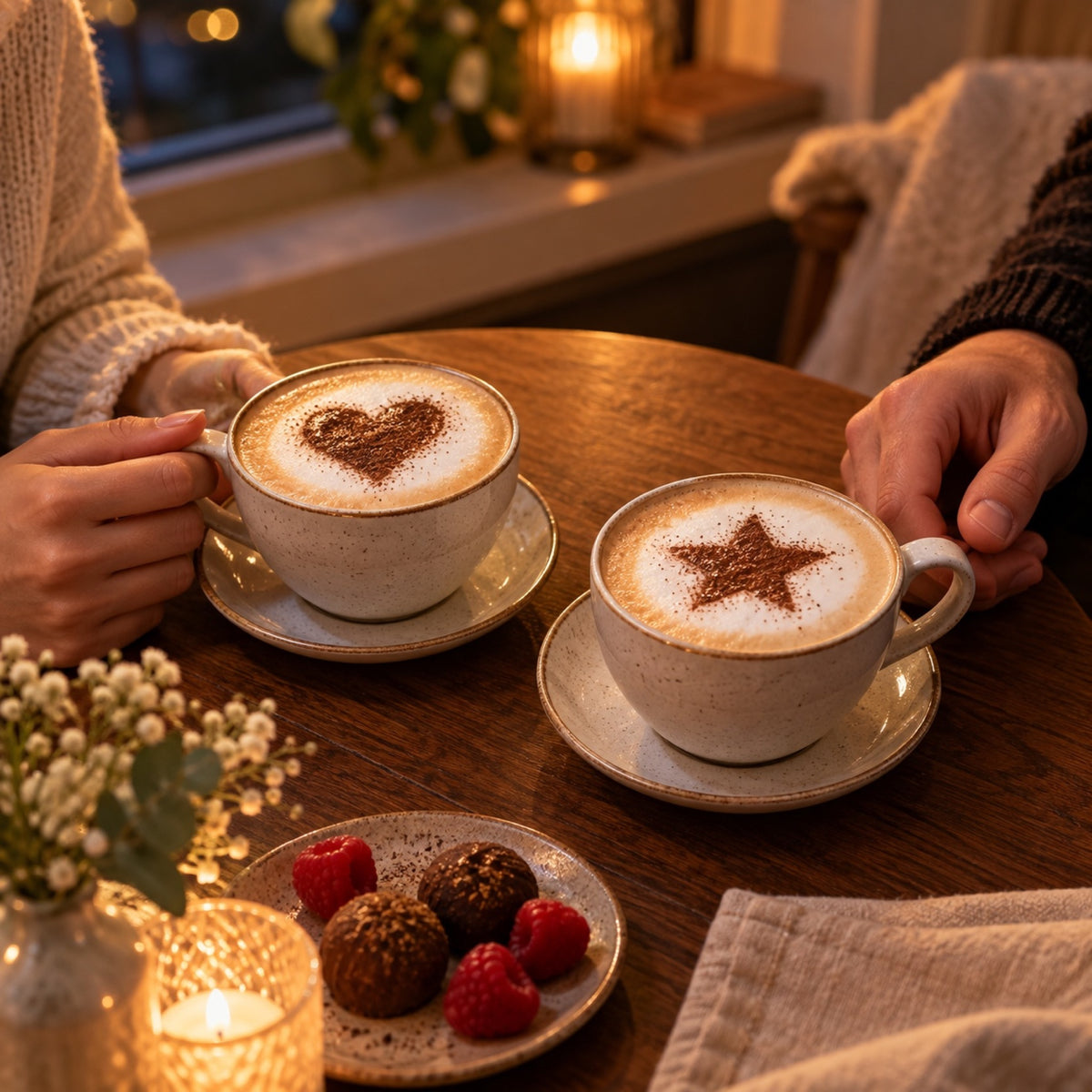 Two cappuccinos with heart and star designs for a coffee date at home
