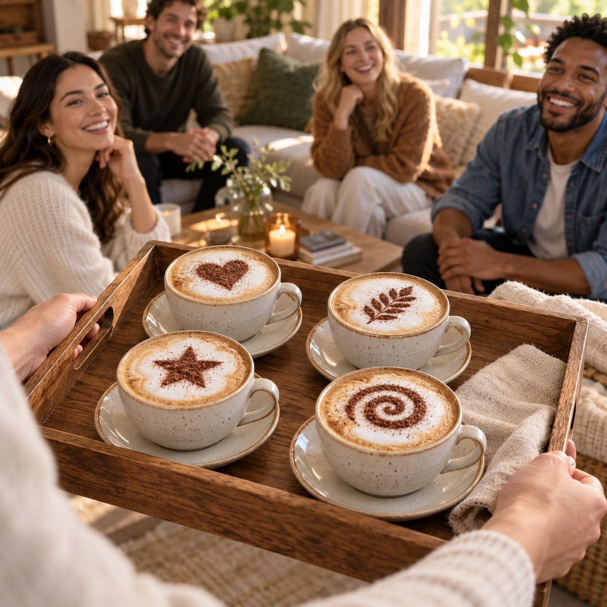 Serving a tray of cappuccinos with cocoa designs to guests