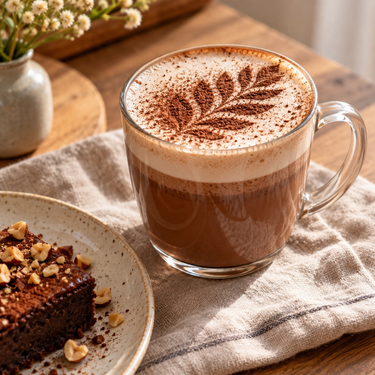 Foam-topped mocha with a cocoa leaf design next to a brownie
