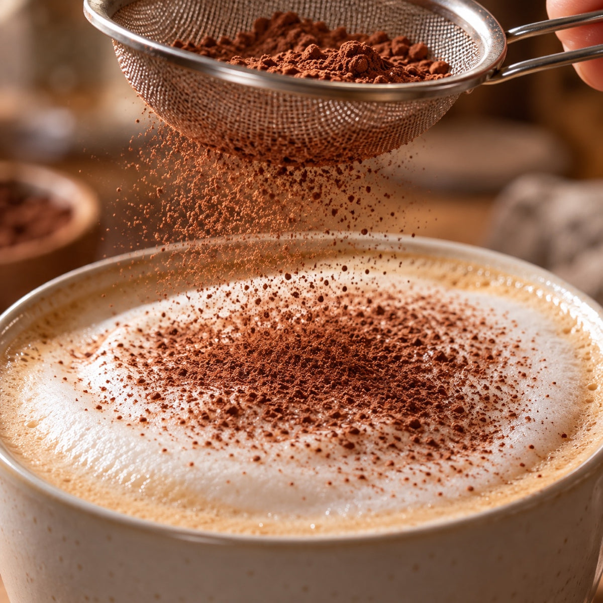 Sifting fine cocoa powder over smooth milk foam