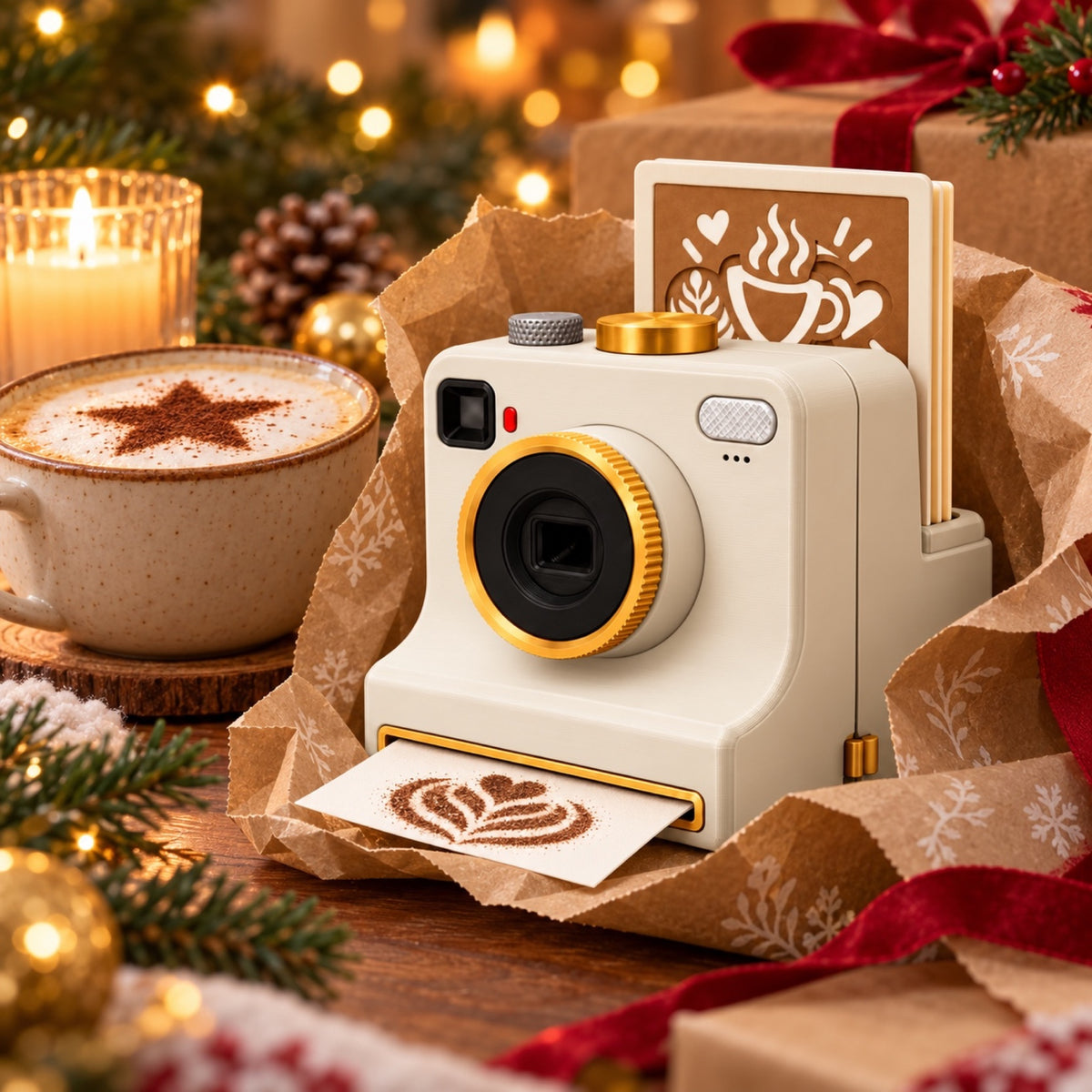 Cream Pic Presso wrapped as a holiday gift next to a latte with a cocoa star