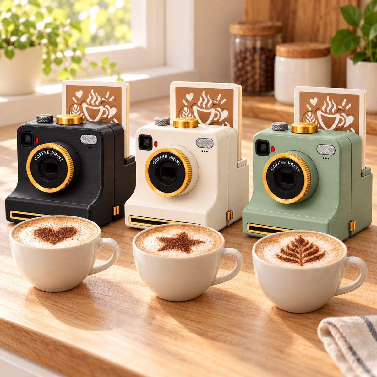 Pic Presso in Black, Cream and Sage Green with three decorated cappuccinos